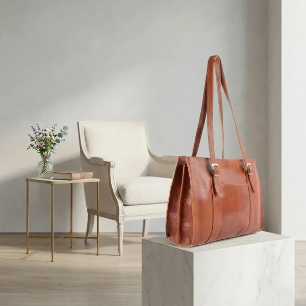 Stijlvolle klassieke vera pelle handtas Genua - Cognac