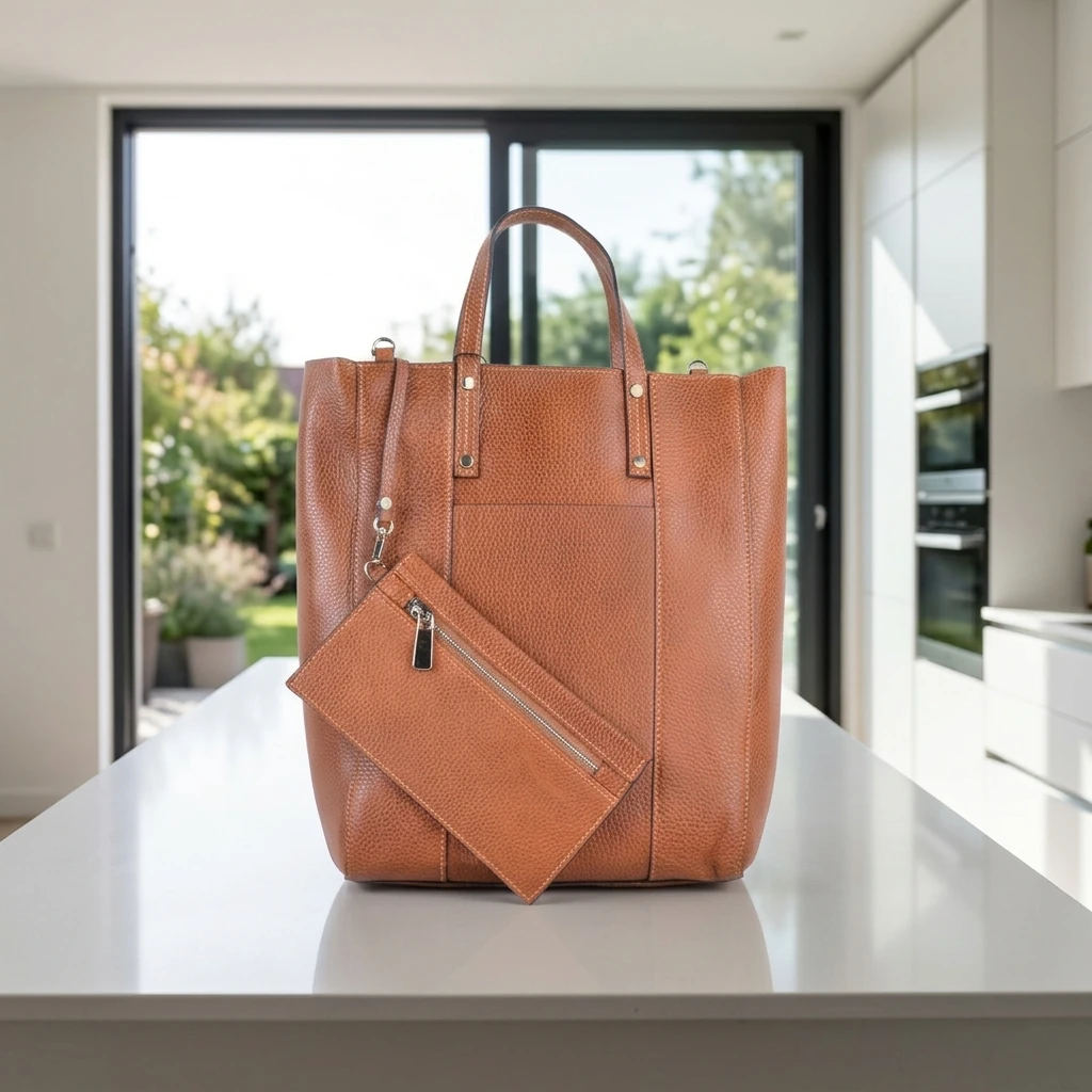Lederen Handtas Lemosse met Etui - Cognac